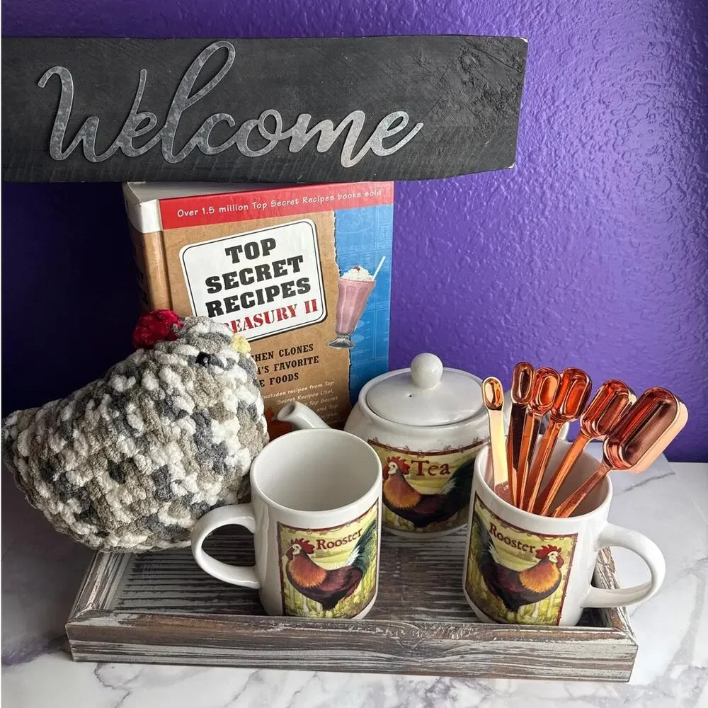 Cozy Vintage Farmhouse Kitchen Bundle Rooster Tea Set Tray Cookbook Copper Decor